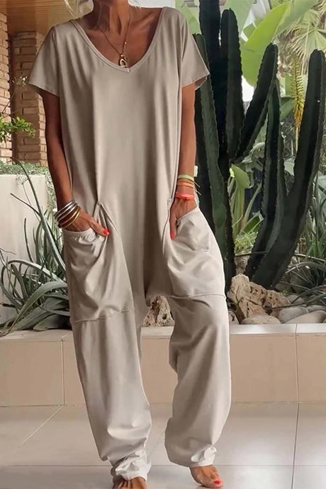 Short Sleeve V Neck Pocket Baggy Jumpsuit