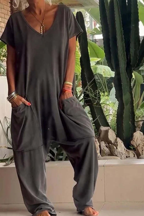 Short Sleeve V Neck Pocket Baggy Jumpsuit