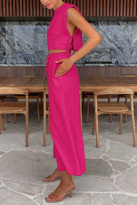 Side Strappy Cotton Linen Vest Trousers Set