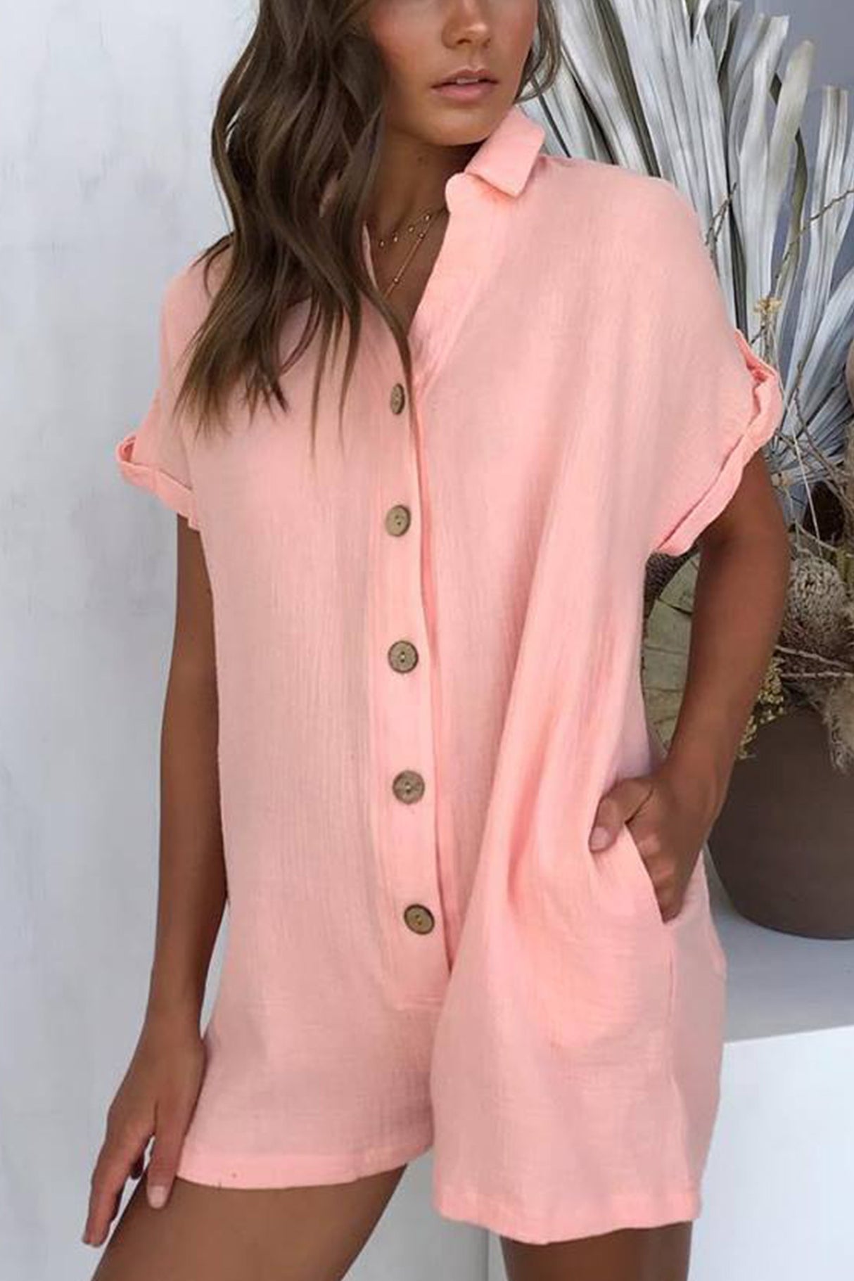 Single-breasted Pocketed Shirt Rompers