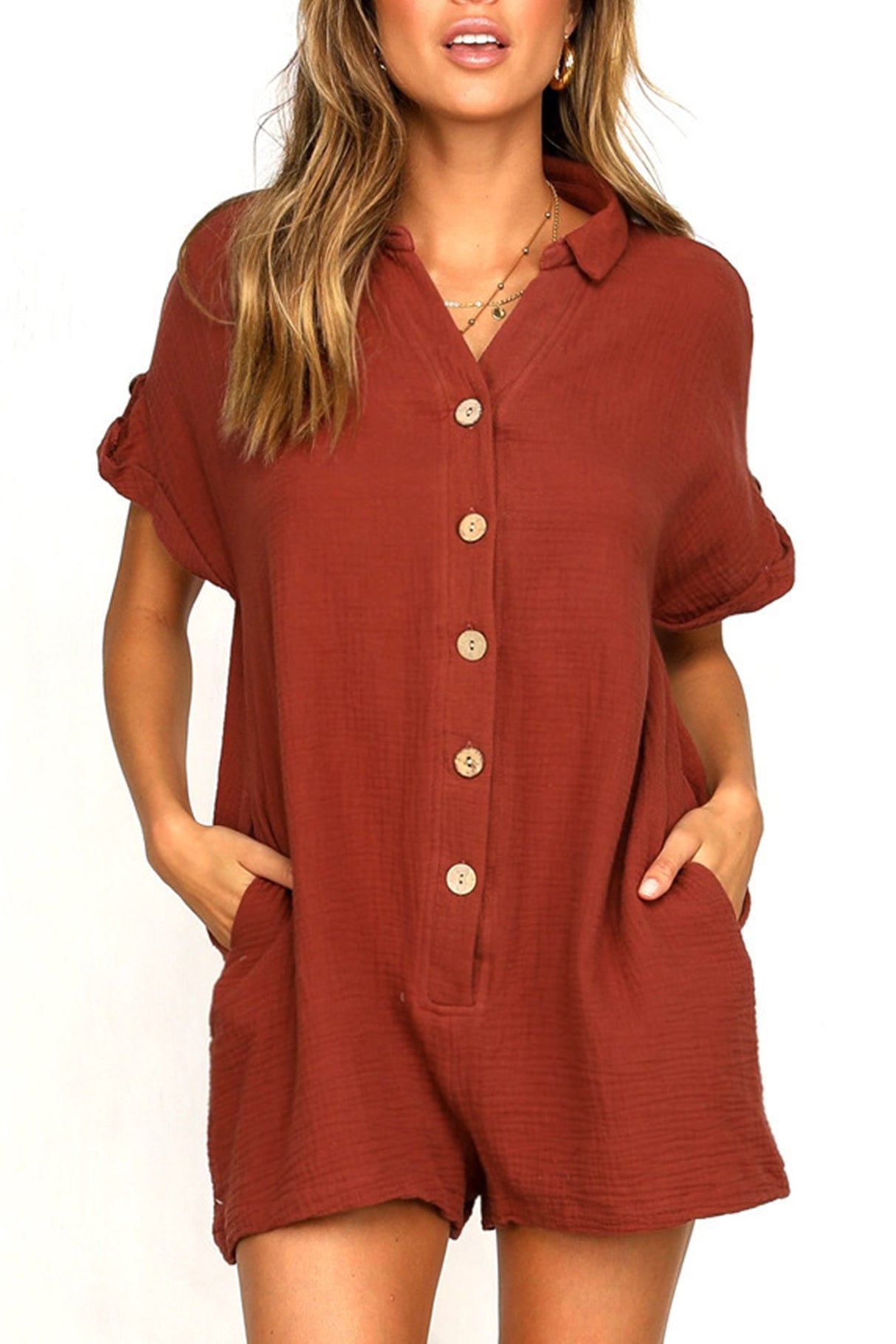 Single-breasted Pocketed Shirt Rompers