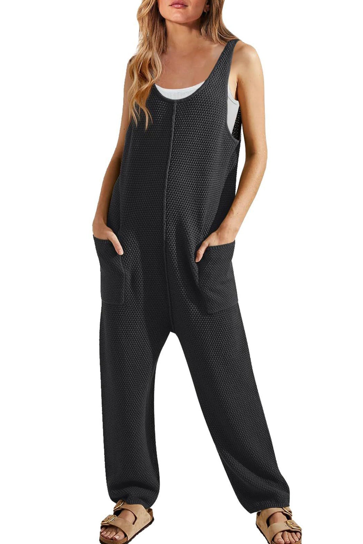 Arolora Sleeveless U Neck Dual Pocket Overalls