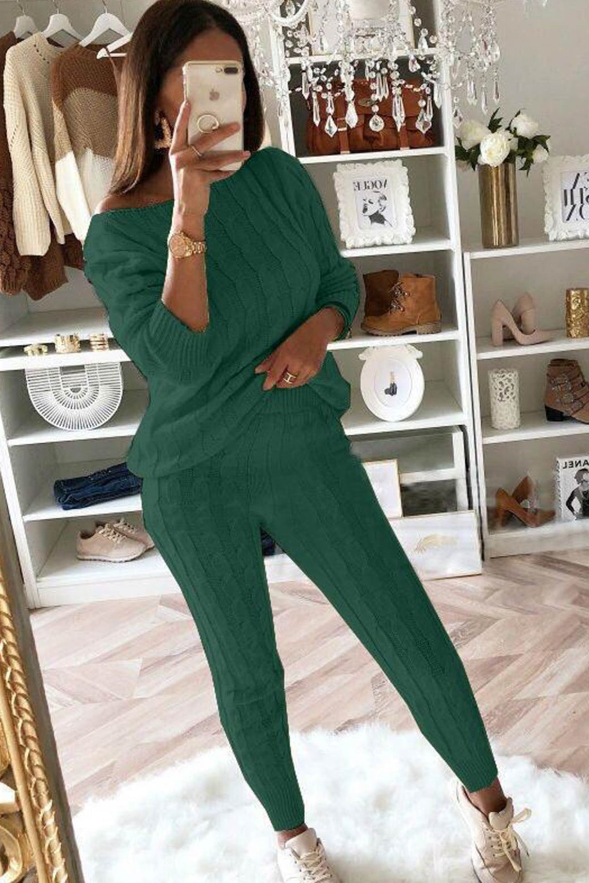 Sloping Shoulder Cable Knit Pants Set