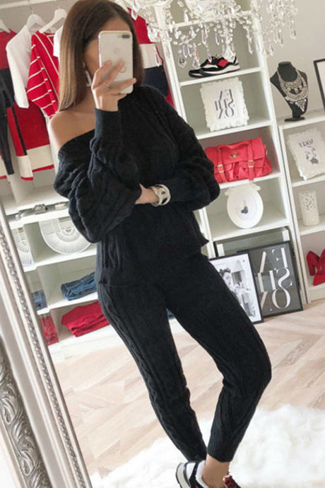 Sloping Shoulder Cable Knit Pants Set