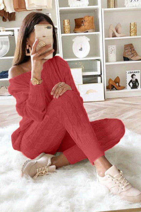 Sloping Shoulder Cable Knit Pants Set