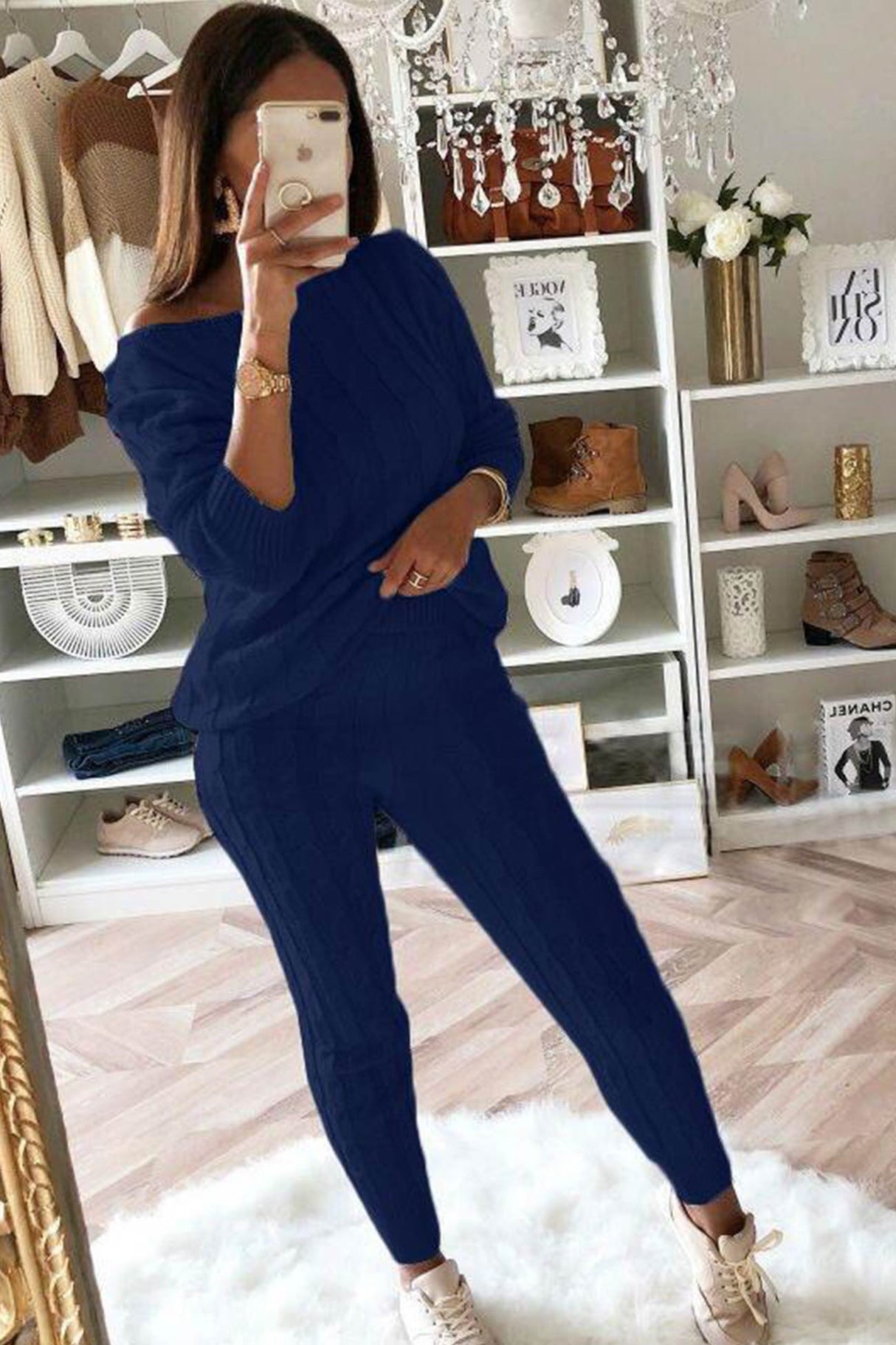 Sloping Shoulder Cable Knit Pants Set