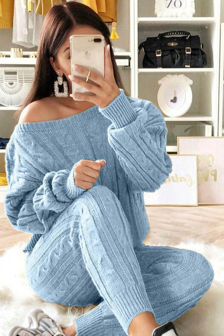 Sloping Shoulder Cable Knit Pants Set
