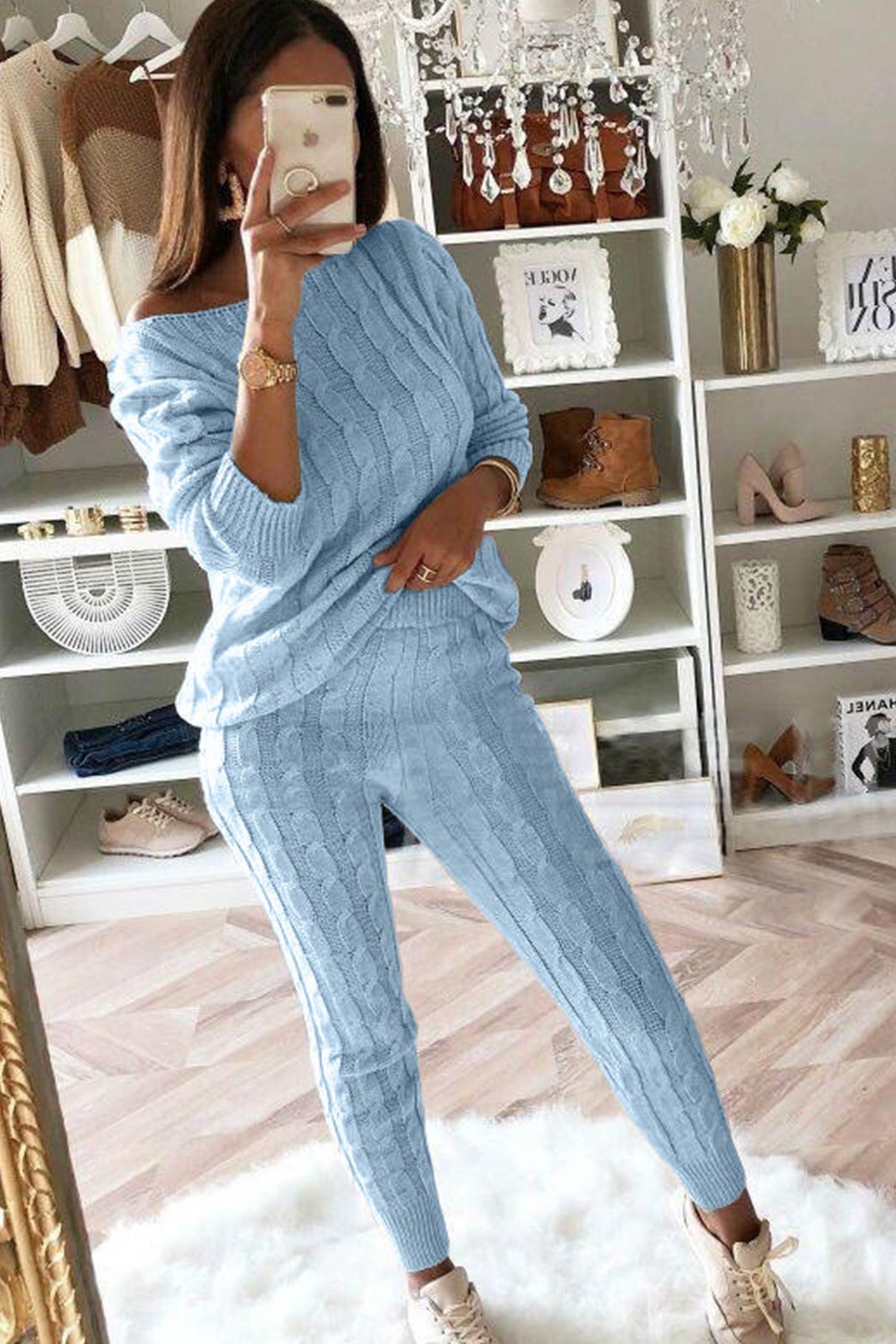 Sloping Shoulder Cable Knit Pants Set
