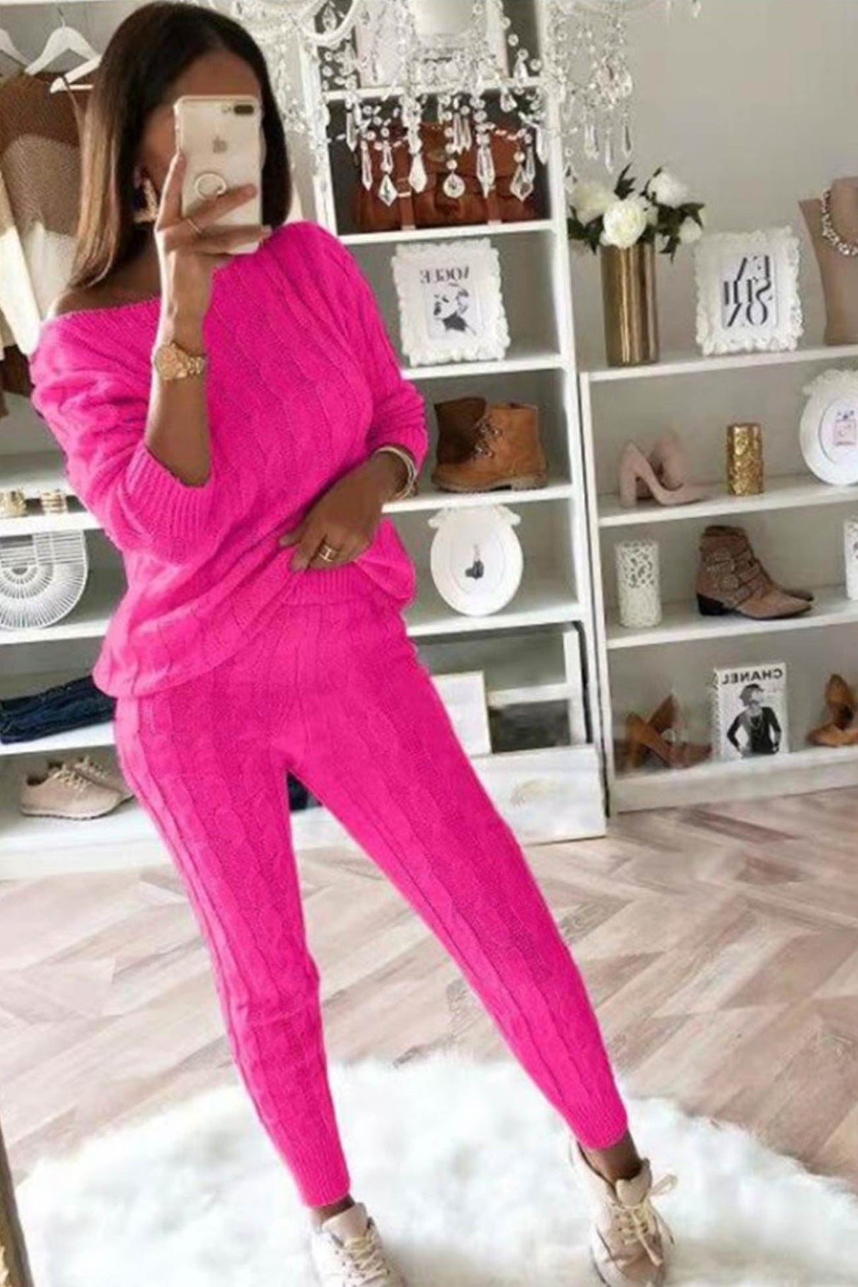 Sloping Shoulder Cable Knit Pants Set