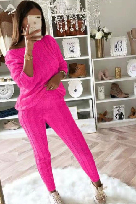 Sloping Shoulder Cable Knit Pants Set