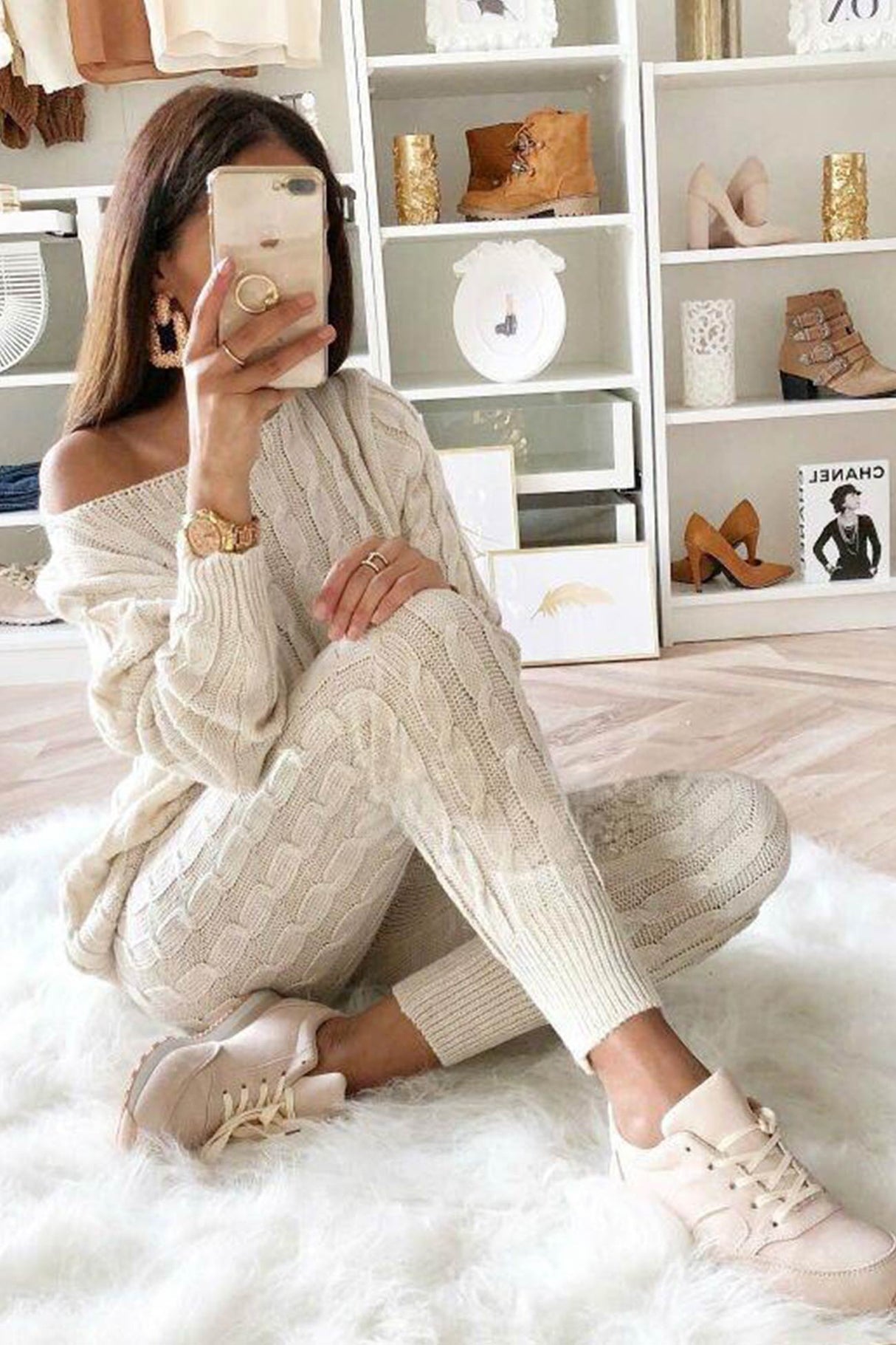 Sloping Shoulder Cable Knit Pants Set