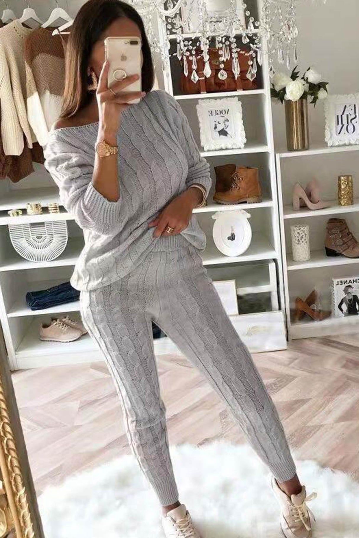 Sloping Shoulder Cable Knit Pants Set