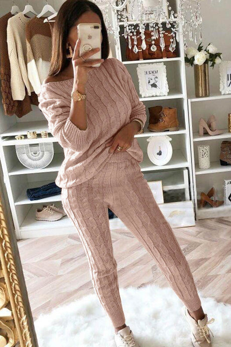 Sloping Shoulder Cable Knit Pants Set