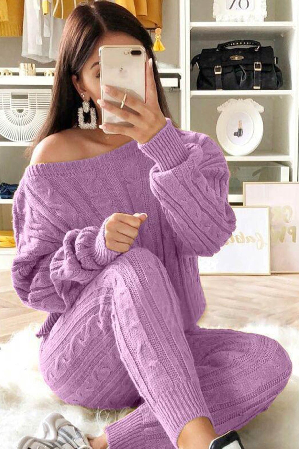 Sloping Shoulder Cable Knit Pants Set