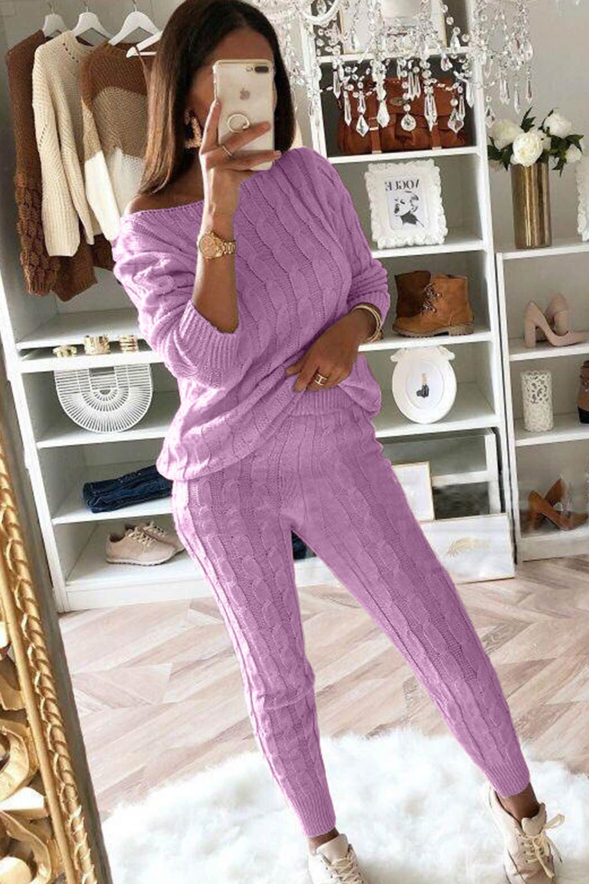 Sloping Shoulder Cable Knit Pants Set