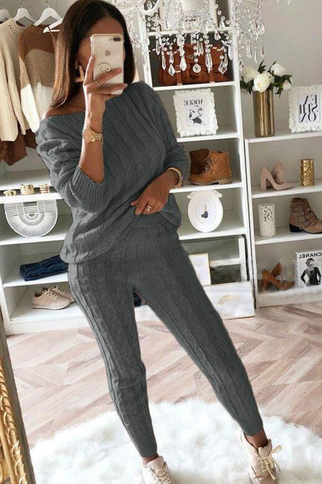 Sloping Shoulder Cable Knit Pants Set