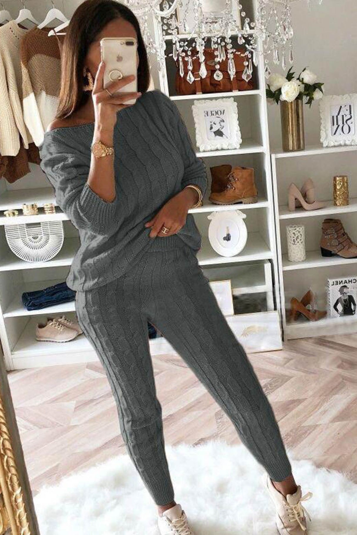 Sloping Shoulder Cable Knit Pants Set