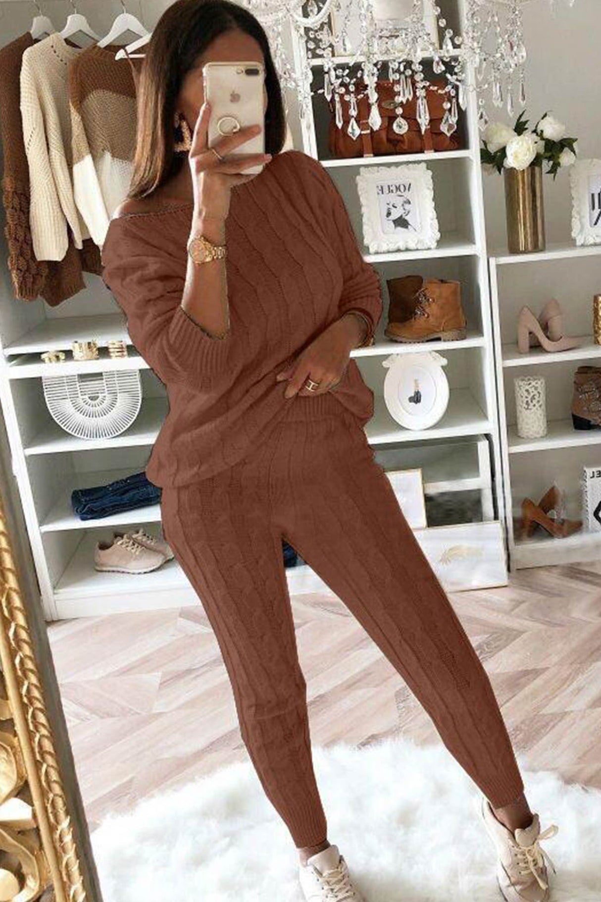 Sloping Shoulder Cable Knit Pants Set
