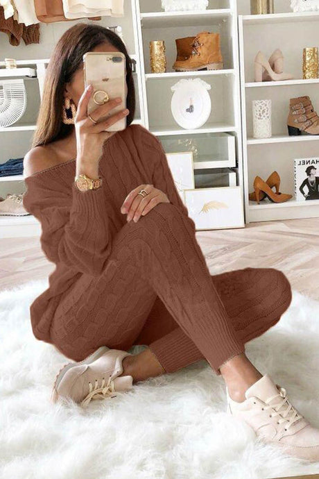 Sloping Shoulder Cable Knit Pants Set