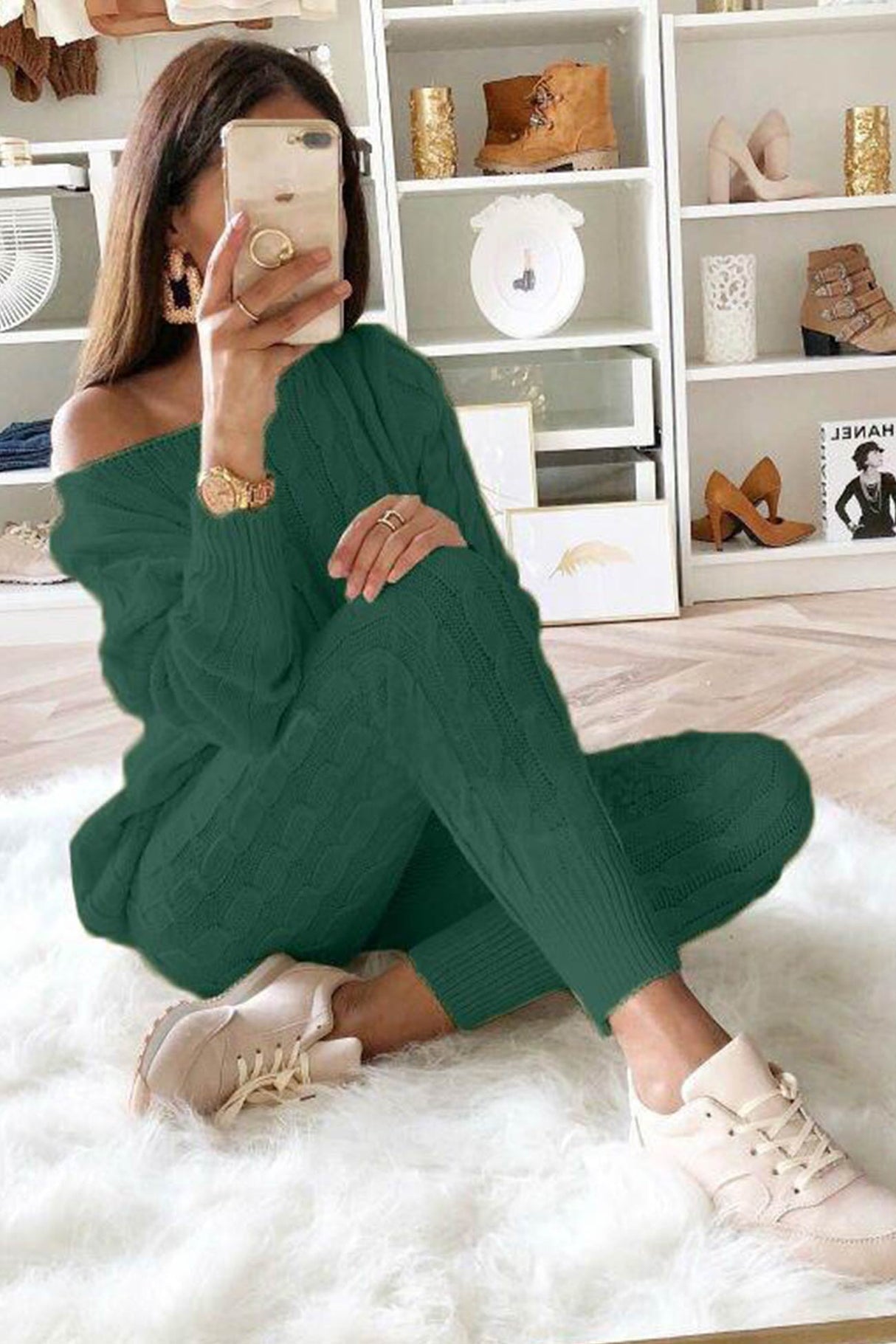 Sloping Shoulder Cable Knit Pants Set