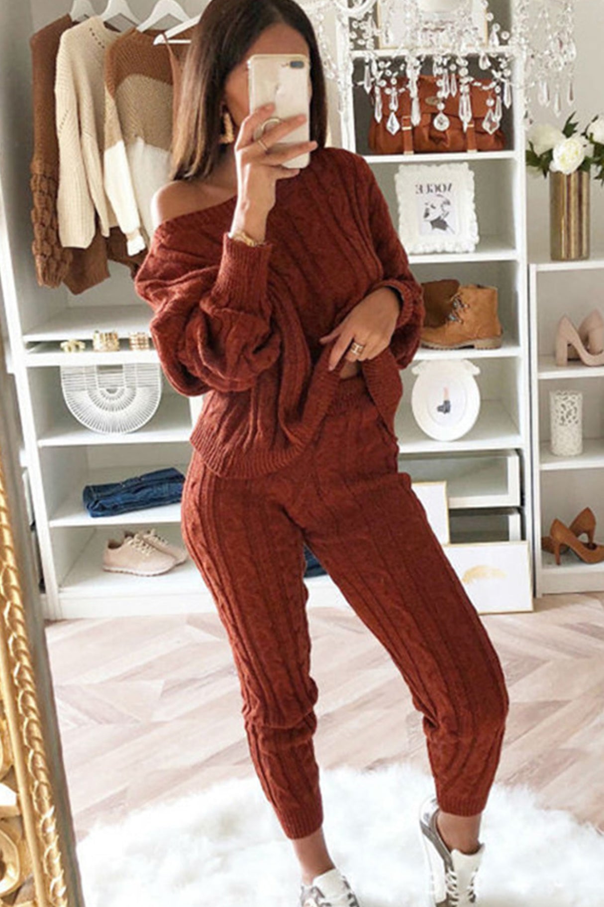 Sloping Shoulder Cable Knit Pants Set