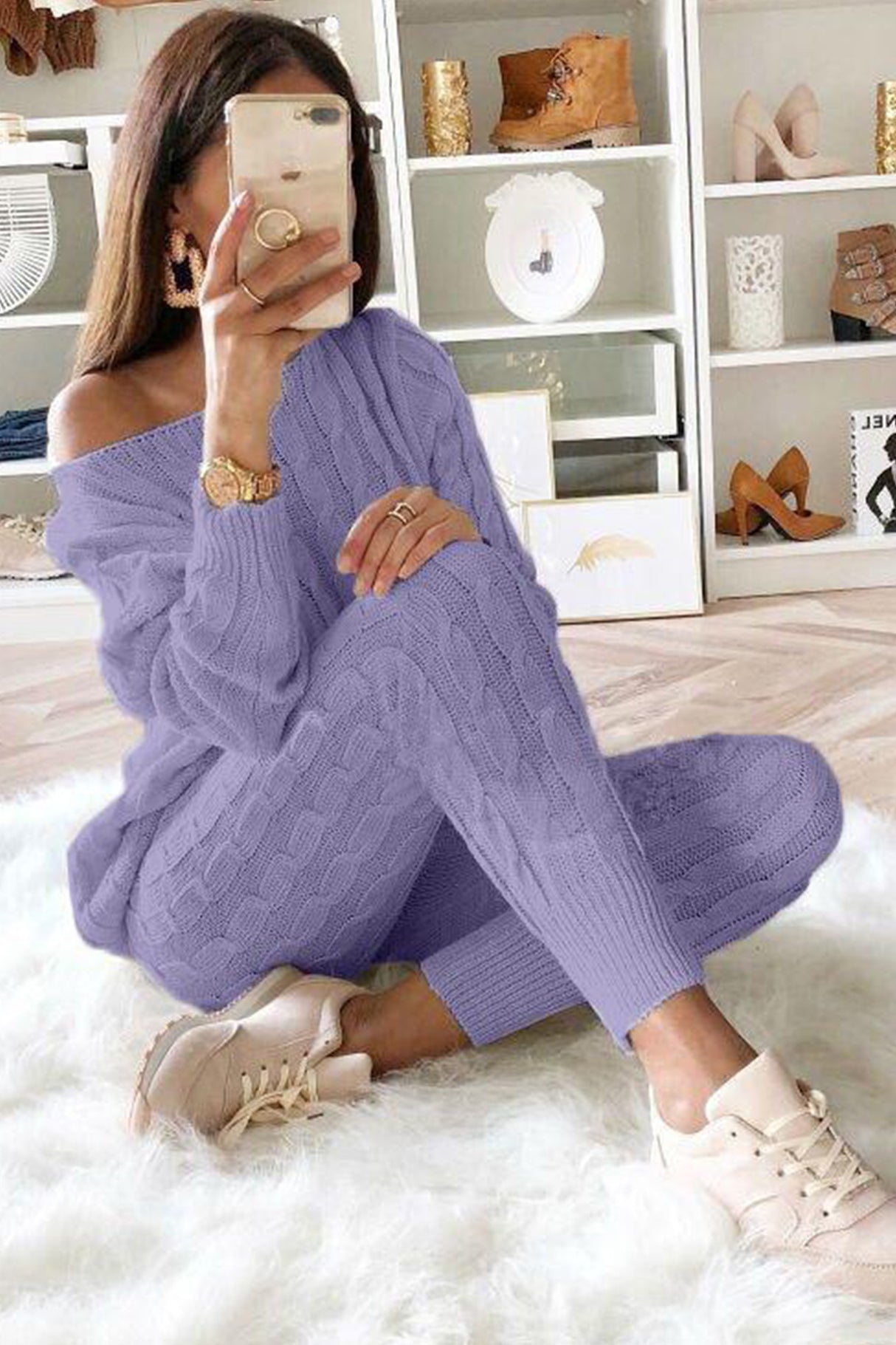 Sloping Shoulder Cable Knit Pants Set