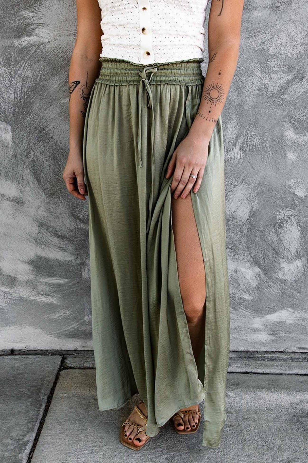 Smocked Drawstring Slit Midi Skirt