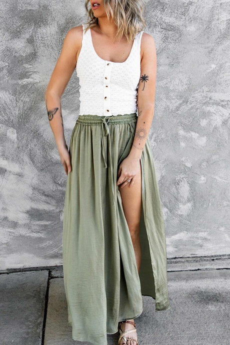 Smocked Drawstring Slit Midi Skirt