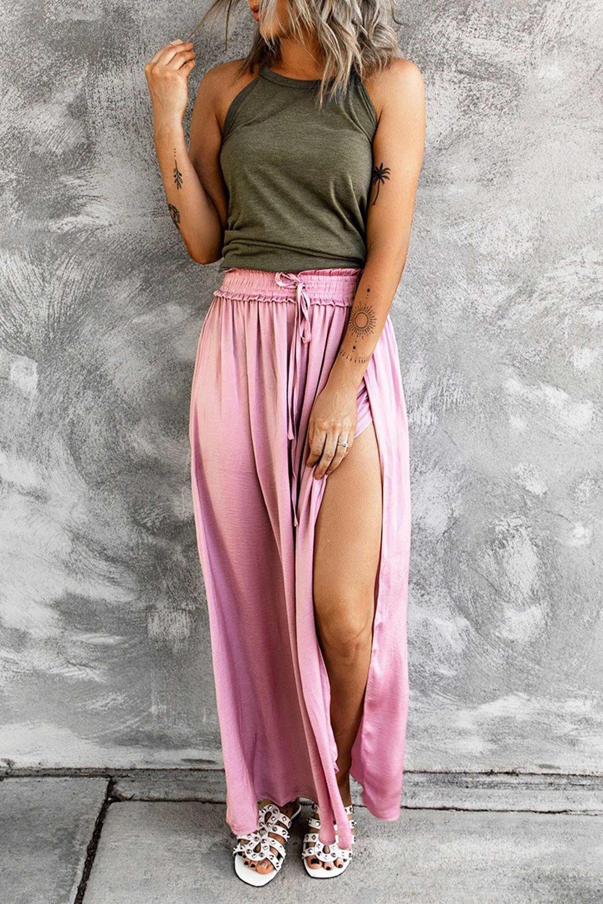 Smocked Drawstring Slit Midi Skirt