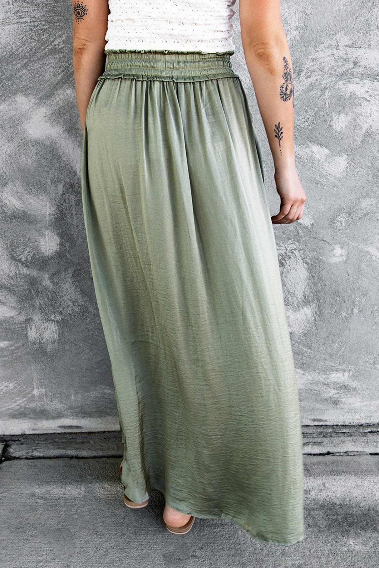 Smocked Drawstring Slit Midi Skirt