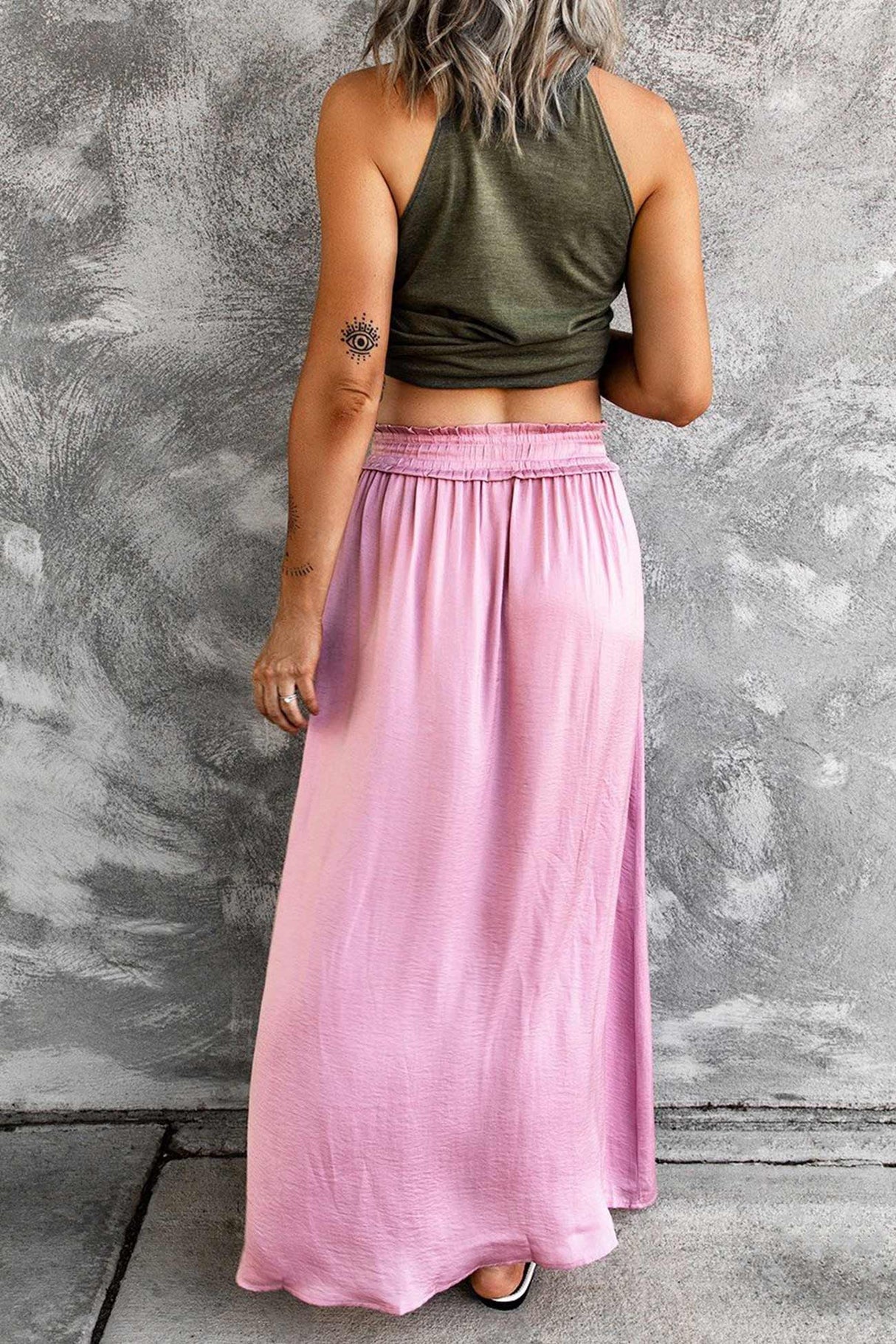 Smocked Drawstring Slit Midi Skirt