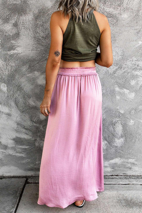 Smocked Drawstring Slit Midi Skirt