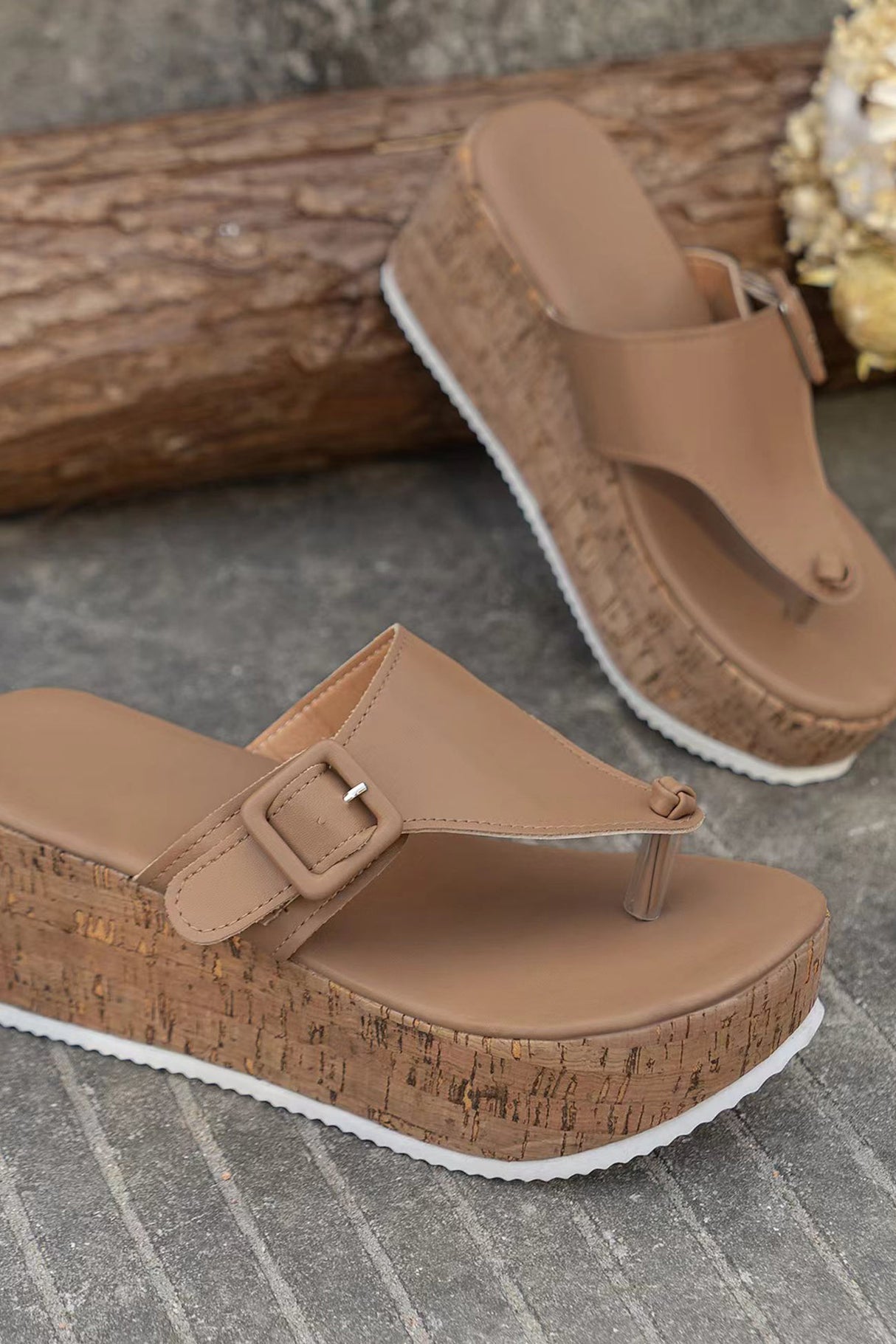 Solid Buckle Thick Sole Thong Sandals