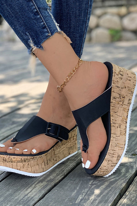 Solid Buckle Thick Sole Thong Sandals