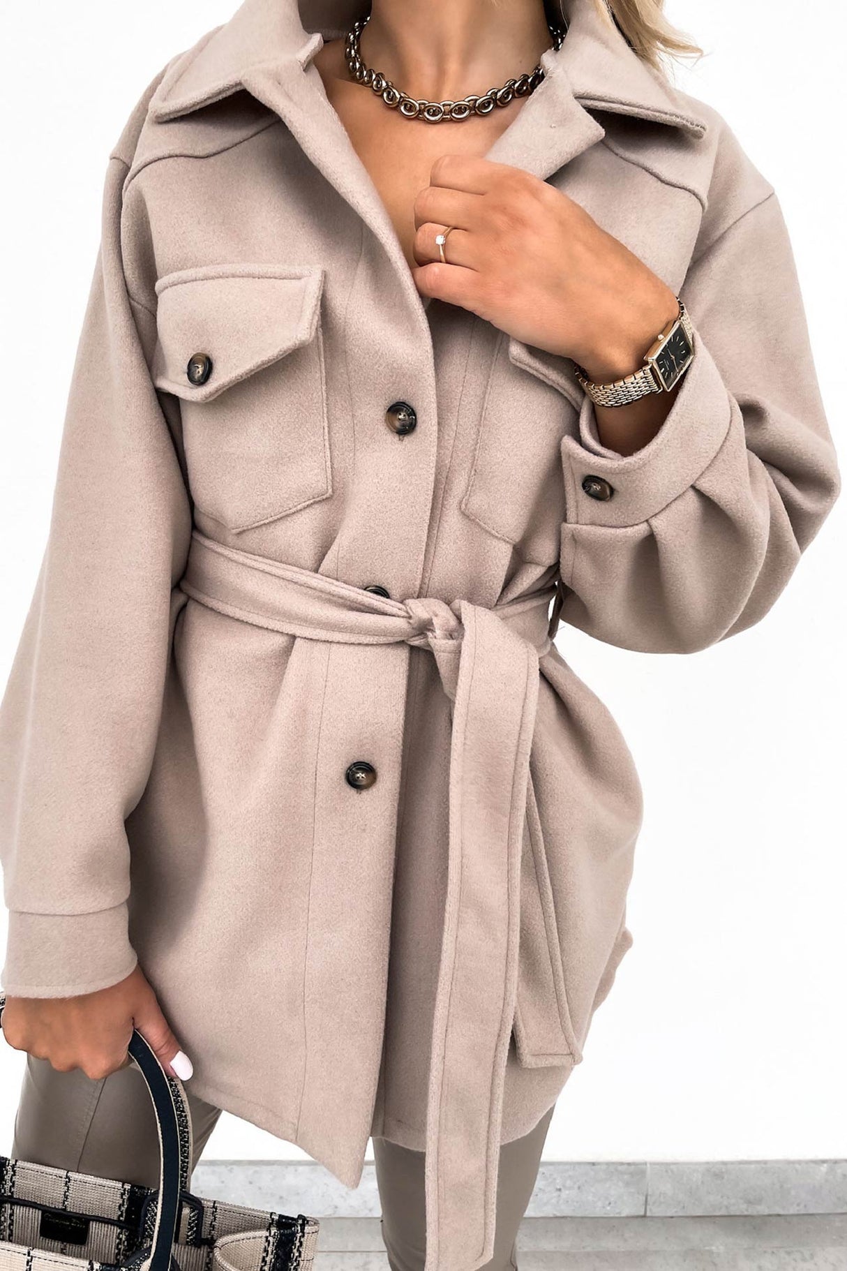 Solid Button-down Belted Slit Shacket
