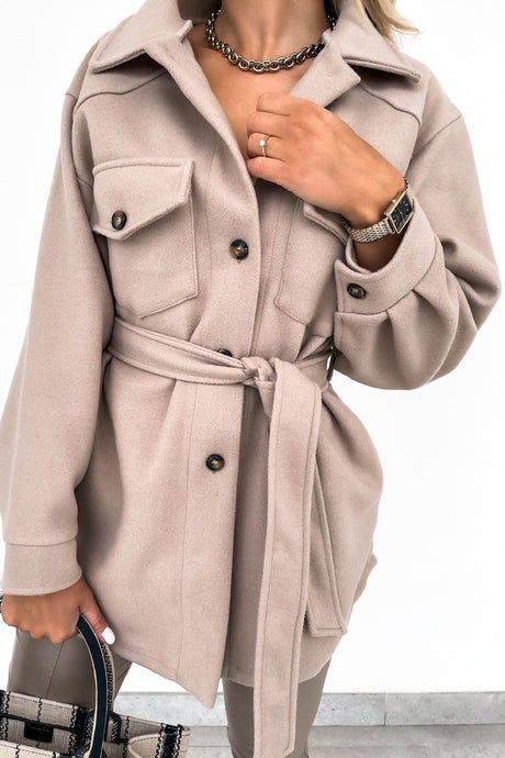 Solid Button-down Belted Slit Shacket
