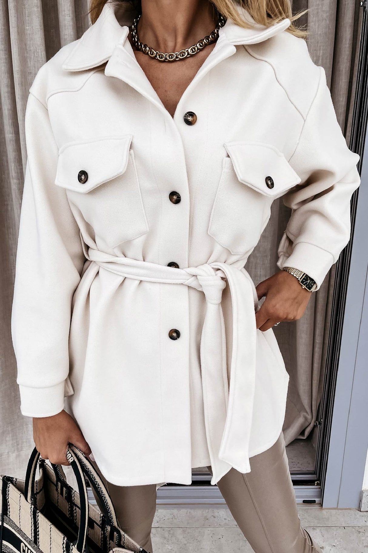 Solid Button-down Belted Slit Shacket
