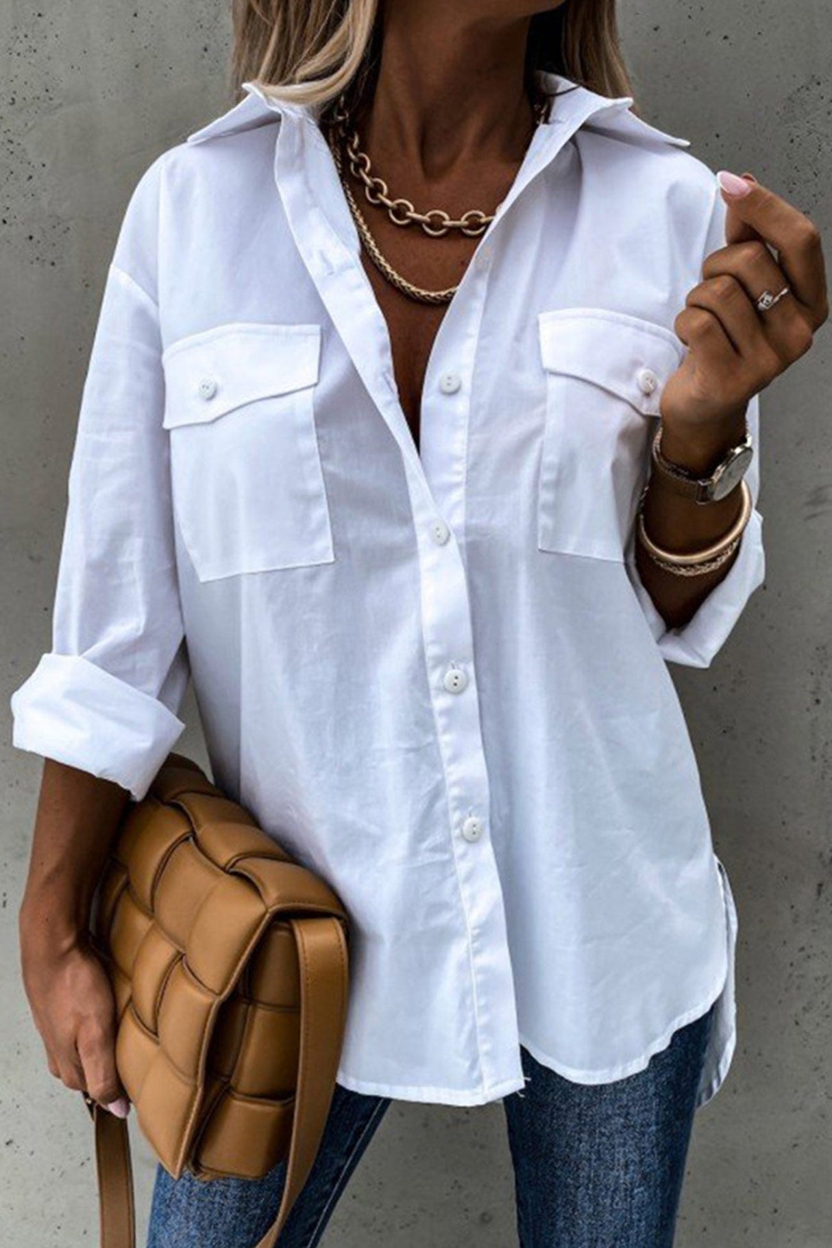 Arolora Solid Button-down High Low Hem Blouse