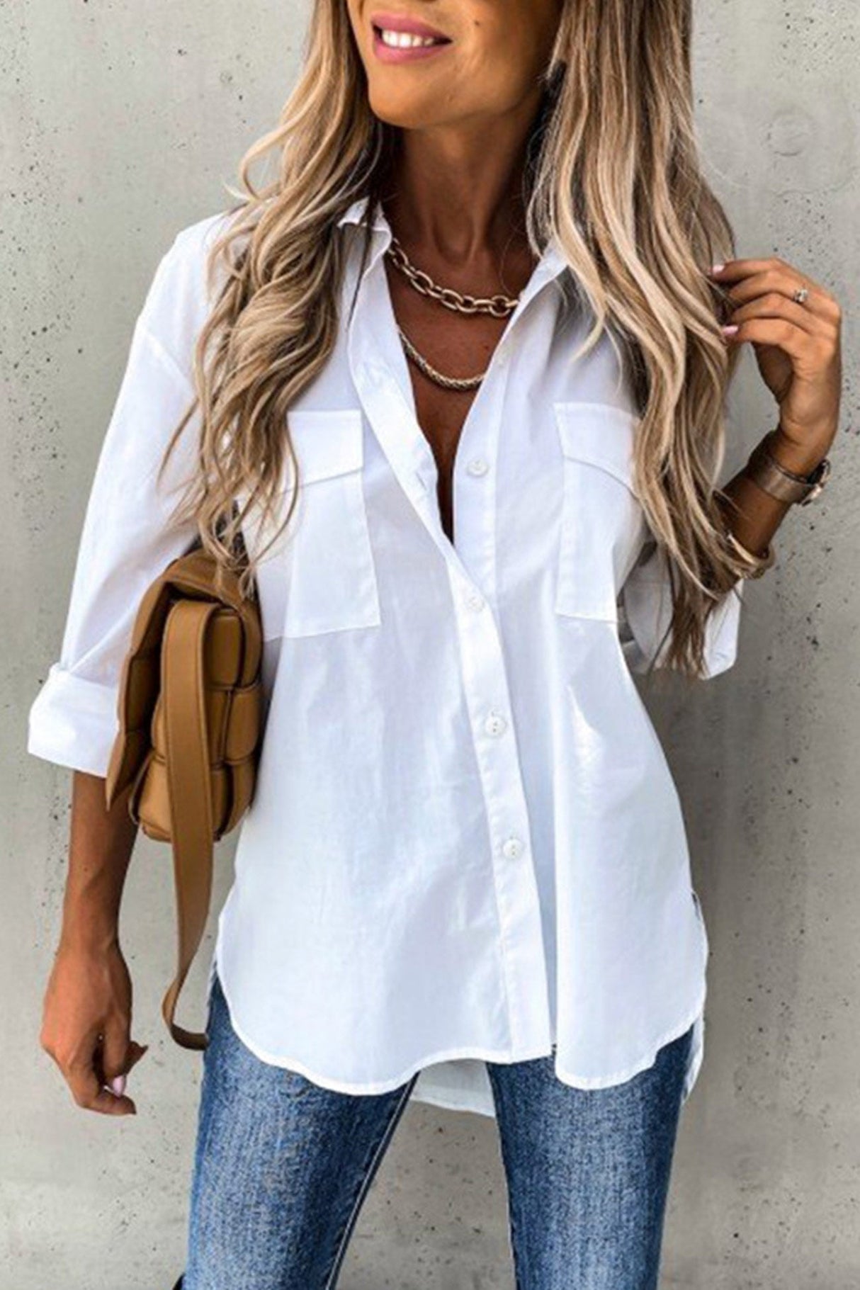 Arolora Solid Button-down High Low Hem Blouse
