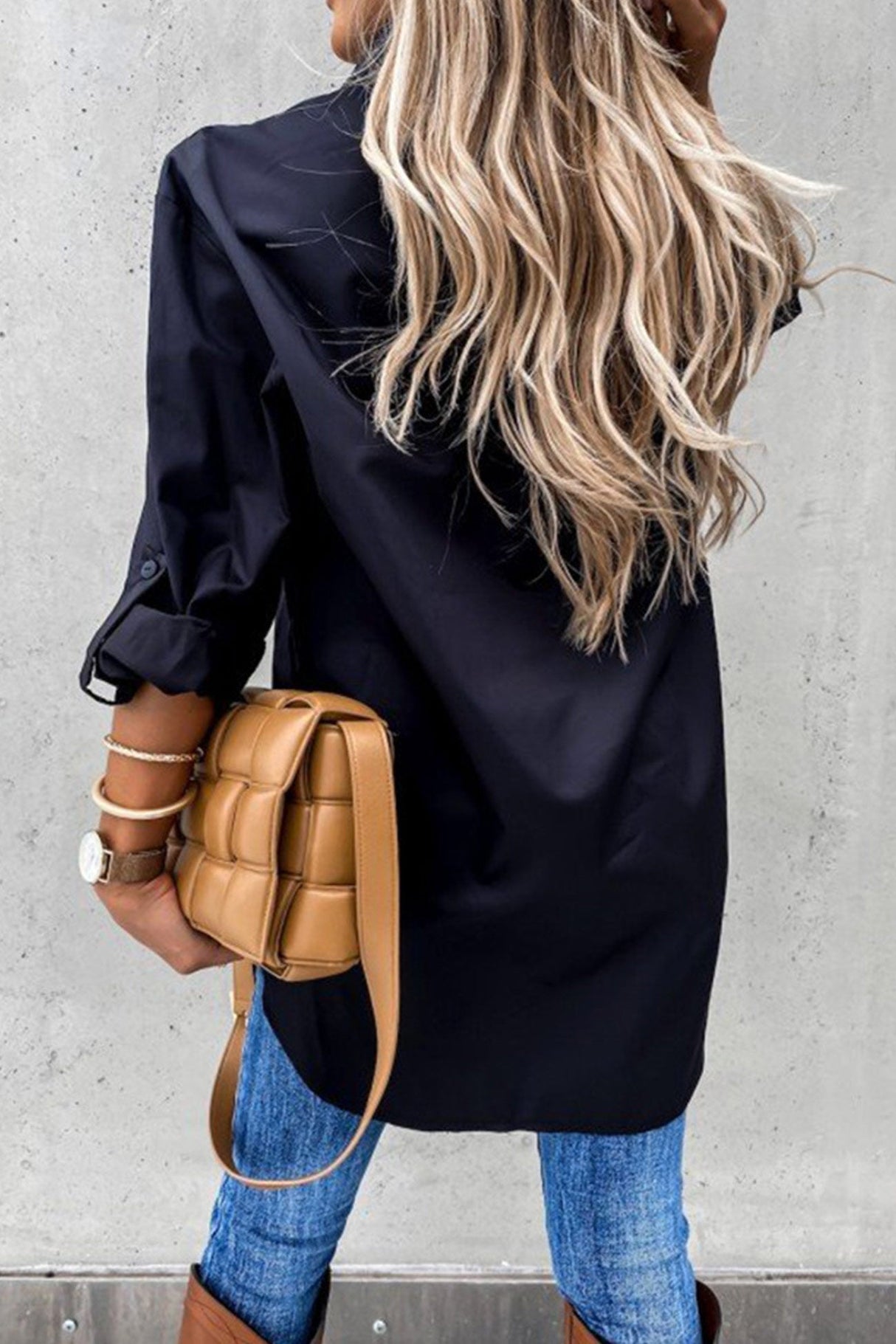 Arolora Solid Button-down High Low Hem Blouse