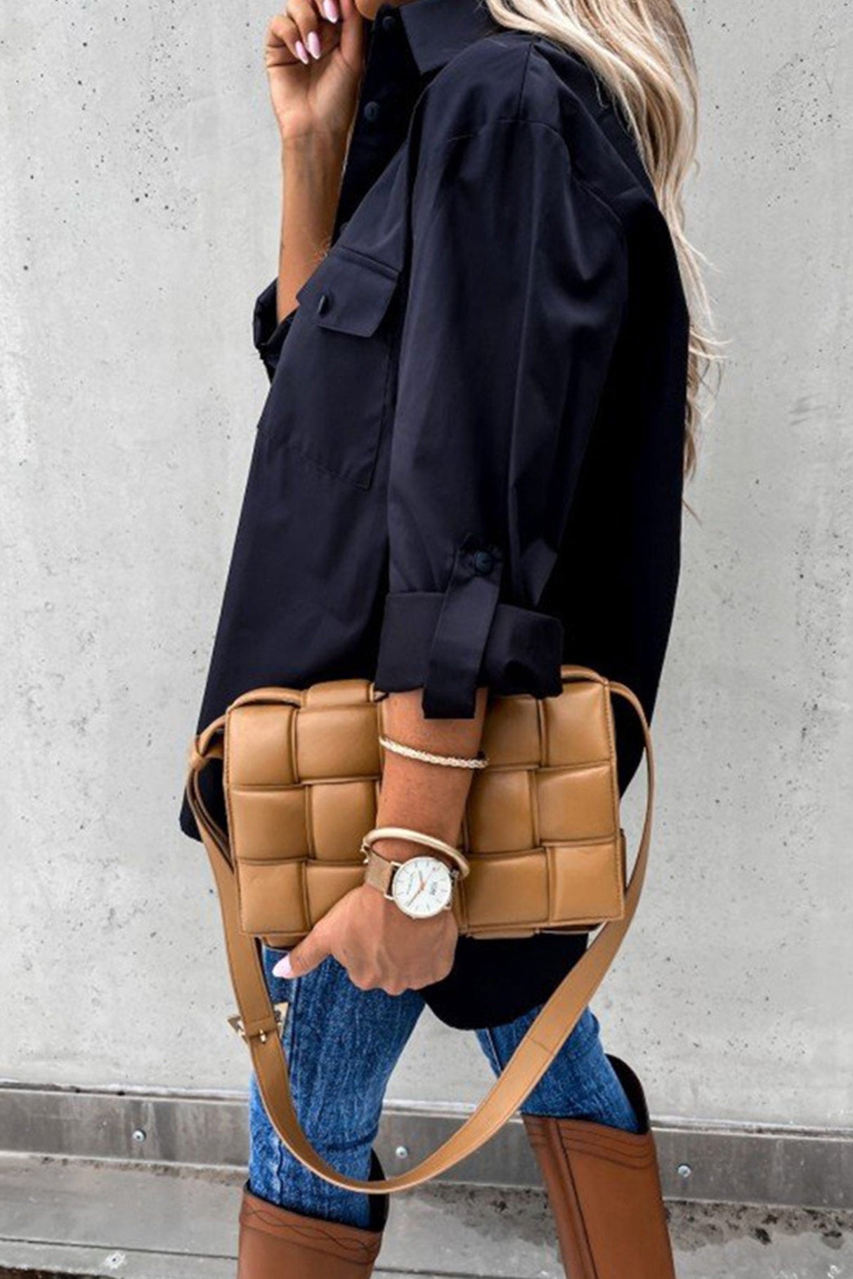 Arolora Solid Button-down High Low Hem Blouse