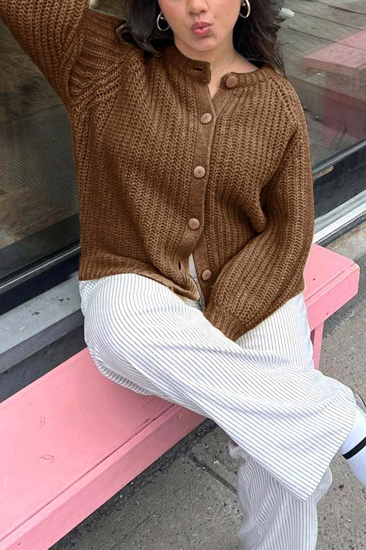 Arolora solid-color-botton-down-cardigan