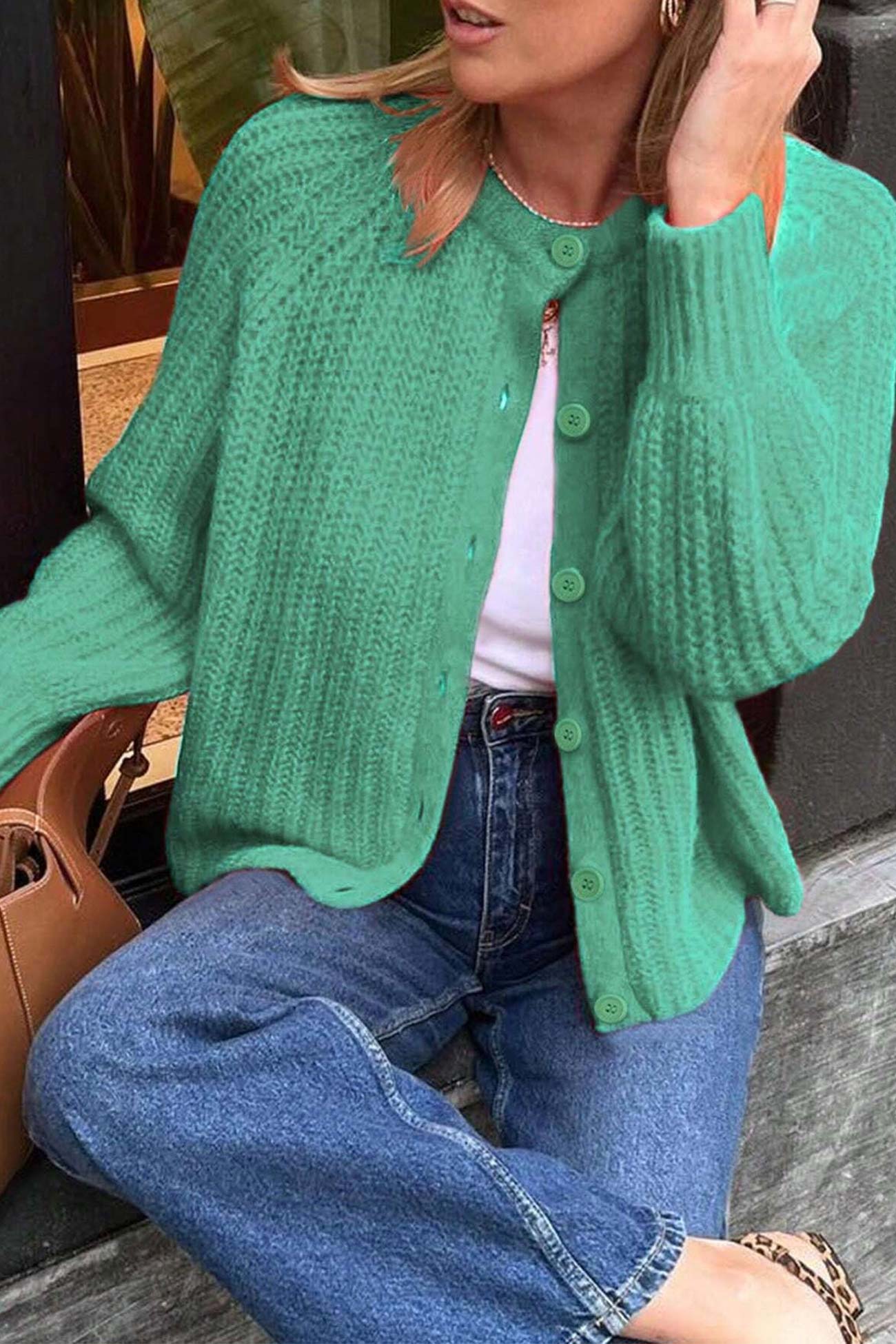 Arolora solid-color-botton-down-cardigan