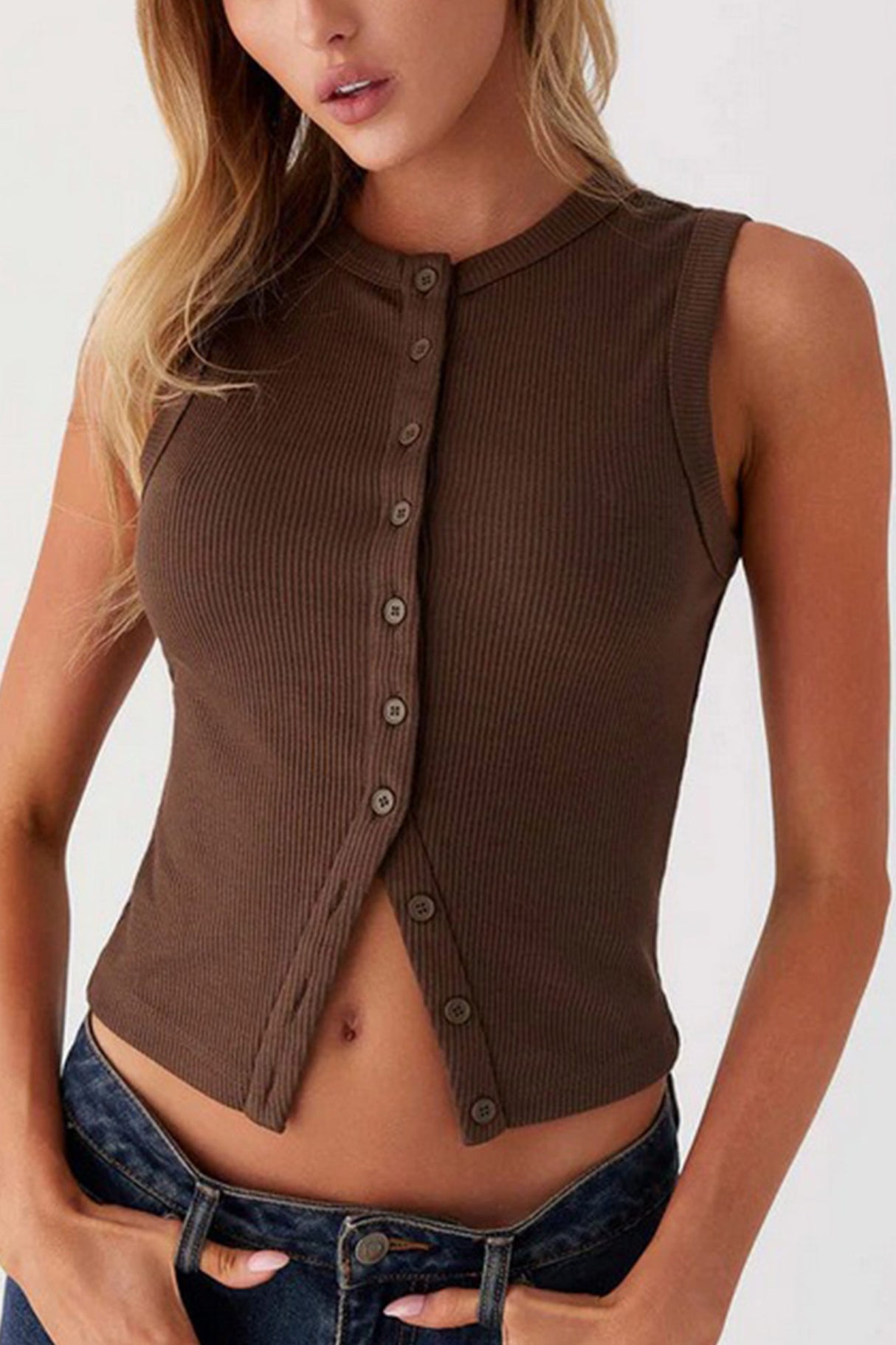 Arolora Solid Color Button-down Knit Tank Top