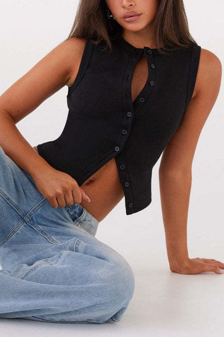 Arolora Solid Color Button-down Knit Tank Top