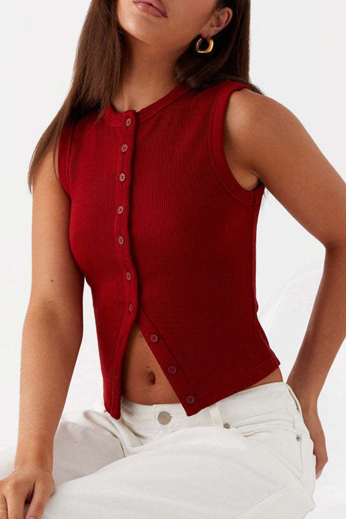 Arolora Solid Color Button-down Knit Tank Top