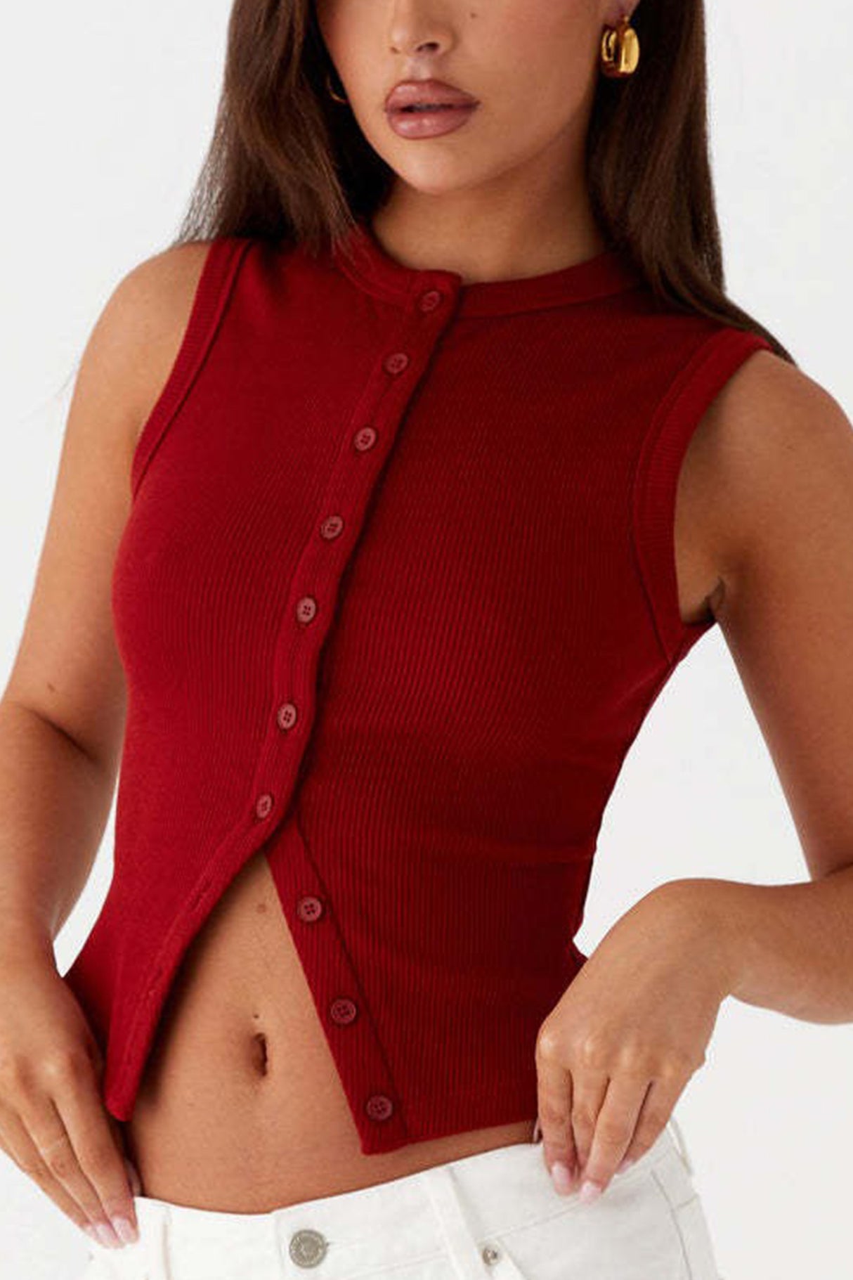 Arolora Solid Color Button-down Knit Tank Top