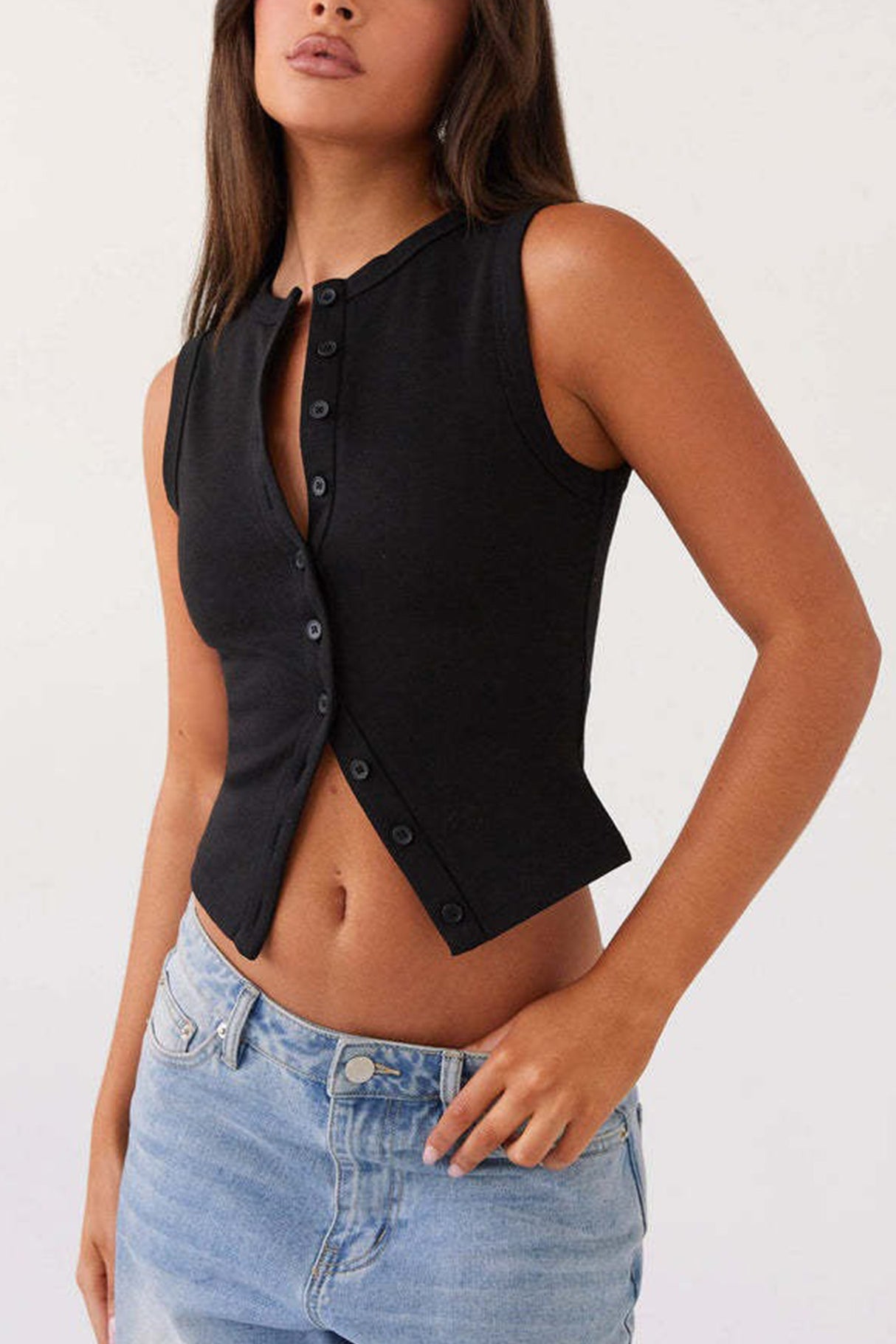 Arolora Solid Color Button-down Knit Tank Top