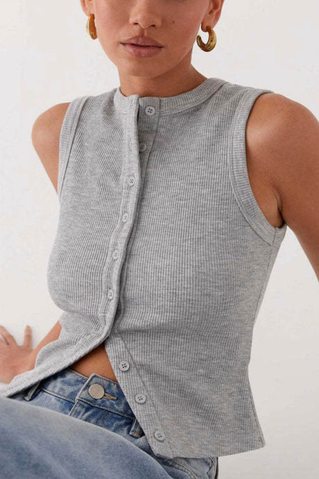 Arolora Solid Color Button-down Knit Tank Top