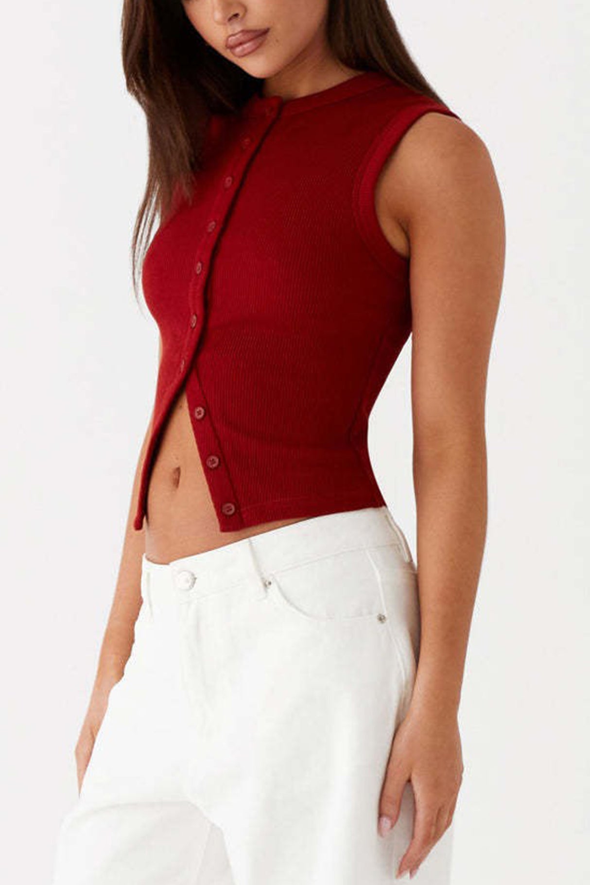 Arolora Solid Color Button-down Knit Tank Top